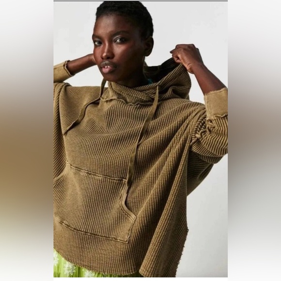 Free People One Gannet Hoodie Waffle Knit Front Pocket Side Slits Brown - Picture 7 of 9